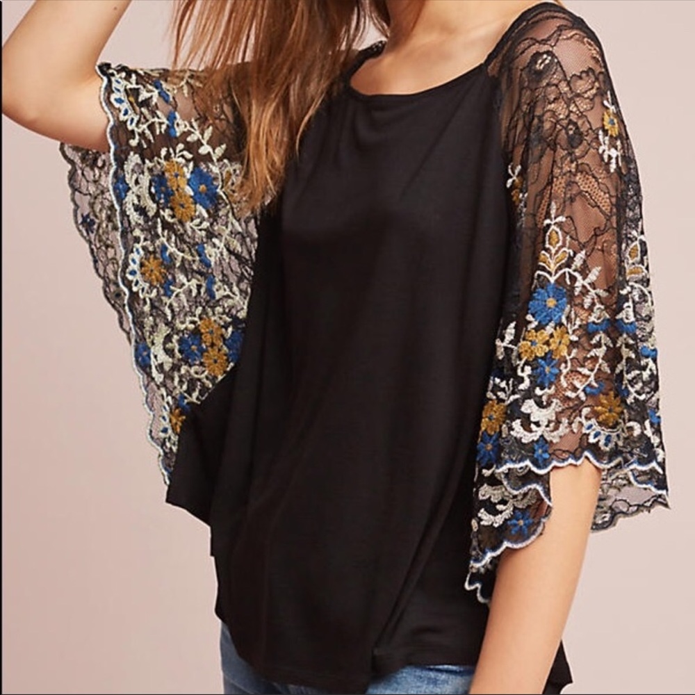 Akemi + Kin Anthropologie Embroidered Flutter Top